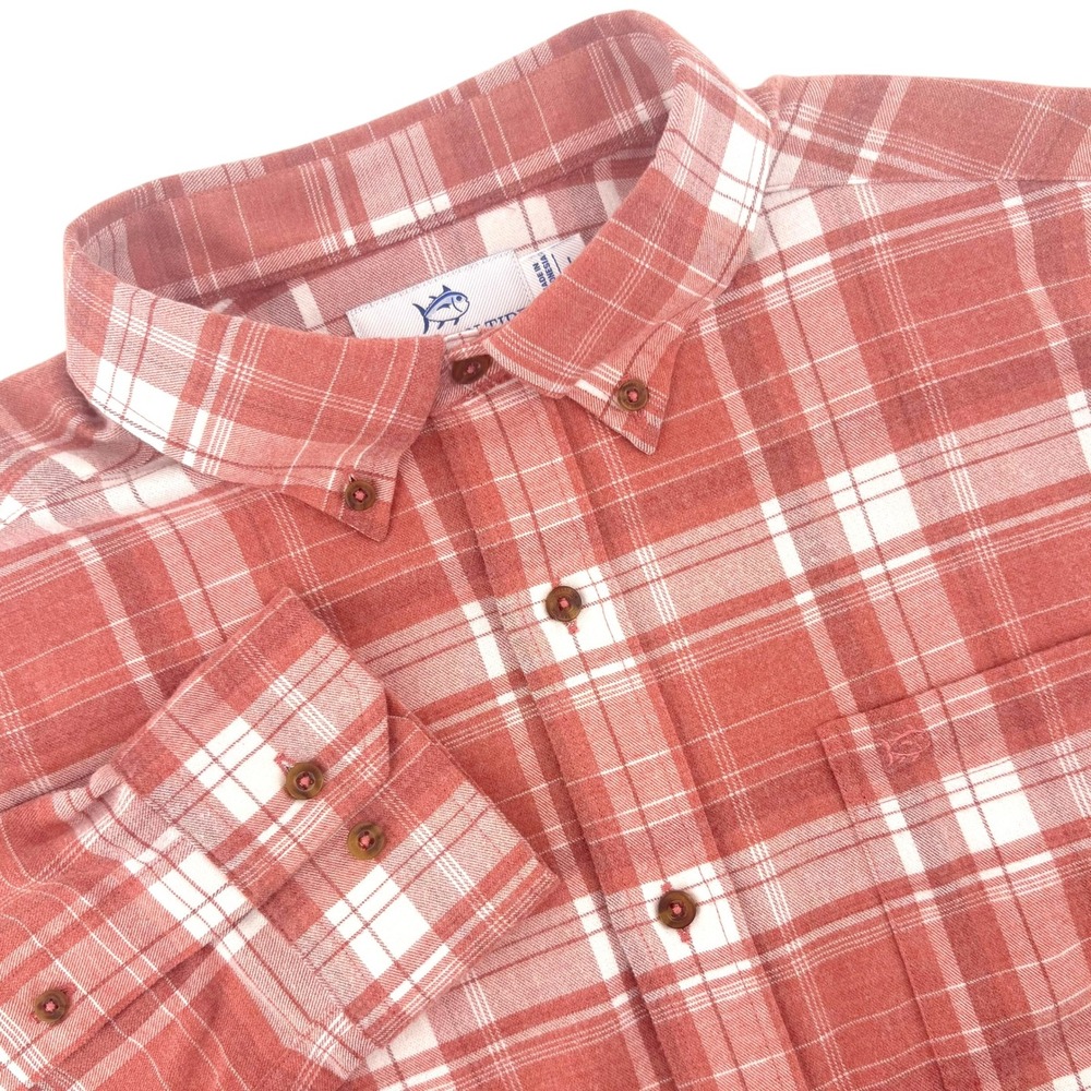 Southern Tide Mens Large Terracotta White Plaid Button Down Shirt Long Sleeve